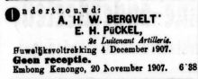 1907 Ondertrouw Augusta Hendrika Wilhelmina Bergvelt‏‎ en Eduard Heinrich Pückel.‏‎